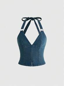ROMWE Top de mezclilla con cuello halter, anillo de metal, lavado de nieve desgastado, estilo vintage milenario Y2K para festival de música - Azul - Ver 1