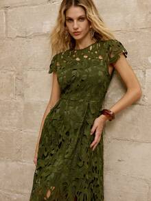 SHEIN Women's Knitted Summer Dress, Intricate Embroidered Lace Hollow-Out Round Neck Cap Sleeve A-Line High Waist Slimming Elegant Dress, Suitable For Evening Party, Date, Vacation - Green - View 4