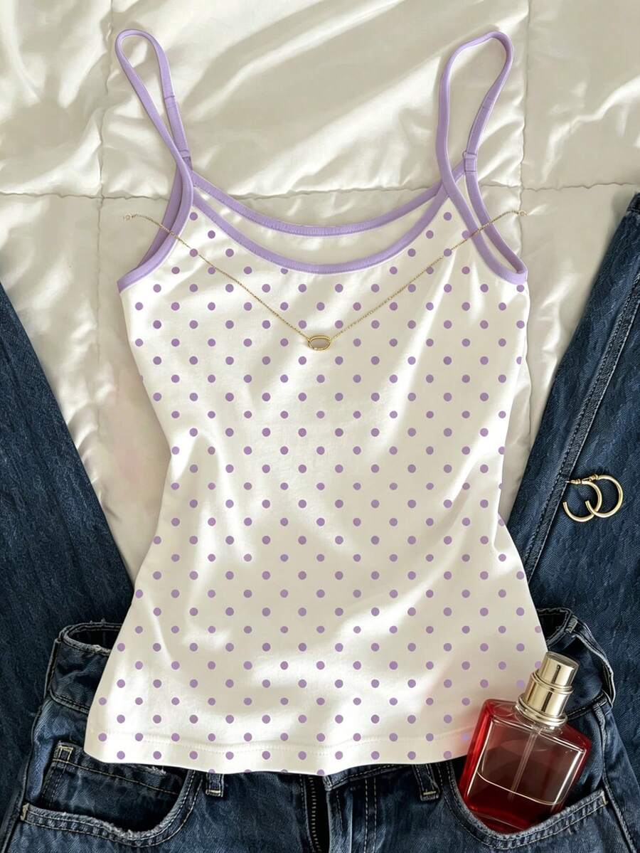 IslaSuriya 女款波點修身細肩帶背心上衣 - 紫色 - 查看 1