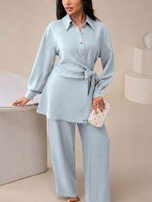 Veilorie Women's Textured Vacation Button Tie Long Sleeve Top And Casual Long Pants 2 Pieces Set - Blue - View 4