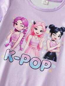 2pcs/Set Young Girl Cute Cartoon Sheep Print Sleepwear Set, Includes Pink & Gray Short Sleeve Long Nightgown - Multicolor - View 10