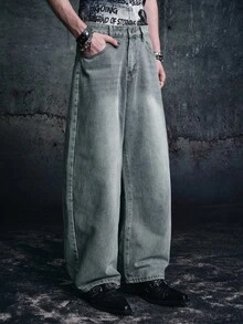 男式街头风格翼纹印花做旧水洗阔腿牛仔裤 - 藍色 - 查看 3