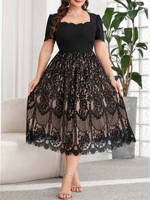 Reflora Vestido elegante de mujer talla grande con escote cuadrado y ribete de concha - Negro - Ver 1