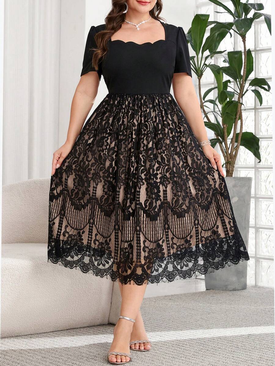 Reflora Vestido elegante de mujer talla grande con escote cuadrado y ribete de concha - Negro - Ver 1