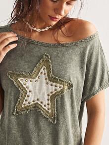 Bohemela T-shirt ample décontracté pour femmes, style bohème campagnard d'été avec motif - Militaire verte - Voir 1