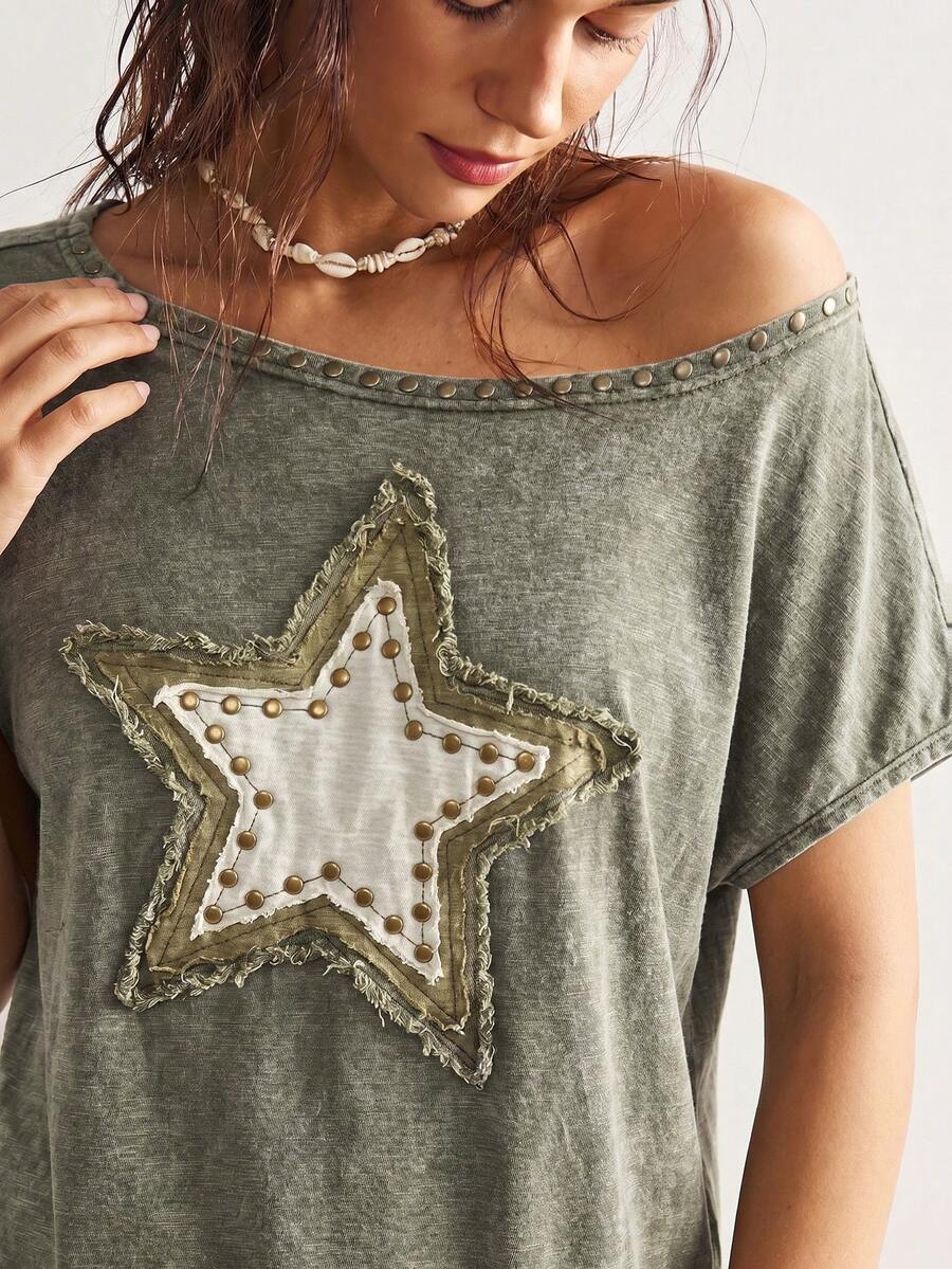 Bohemela T-shirt ample décontracté pour femmes, style bohème campagnard d'été avec motif - Militaire verte - Voir 1