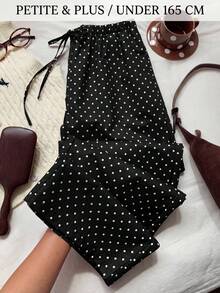 SHEIN PETITE CURVE 大尺碼女款圓點印花繫腰寬腿長褲 - 黑色 - 查看 1
