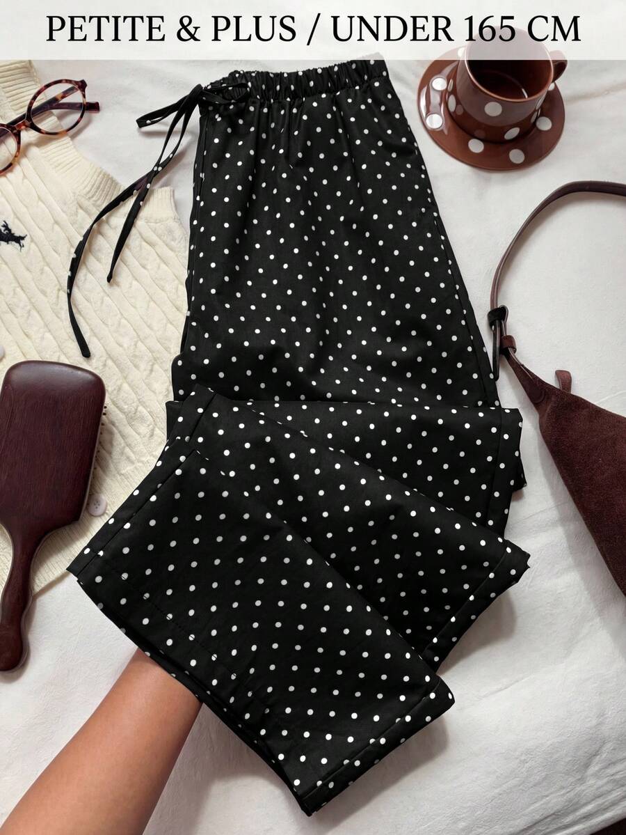SHEIN PETITE CURVE 大尺碼女款圓點印花繫腰寬腿長褲 - 黑色 - 查看 1