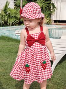 Cozy Pixies 2pcs Baby Girl Strawberry Print Contrast Color Suspender Dress & Hat Set - Red - View 12