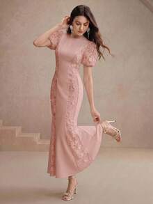 Anewsta Spring/Summer Round Neck Puff Short Sleeve Lace 3D Applique Elegant Romantic Fishtail Hem Women's Dress Tea Party Dusty Pink - Dusty Pink - View 3