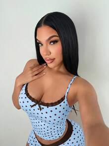 SHEIN SXY 女款蕾絲蝴蝶結藍黑波點吊帶上衣與短褲兩件組 - 藍色 - 查看 3