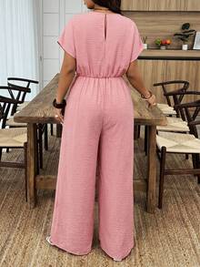 Weeklong Plus Size Women's Spring/Summer Lace Patchwork Nude Base Layer Long Sleeve Cinched Waist Casual Vacation Jumpsuit - Pink - View 2