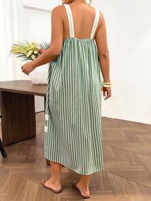 Lounesse Plus Size Vacation Casual Striped Lace Trim Cami Dress Casual Vacation Going Out Set For Women Casual Green Dress For Women - Multicolor - View 2
