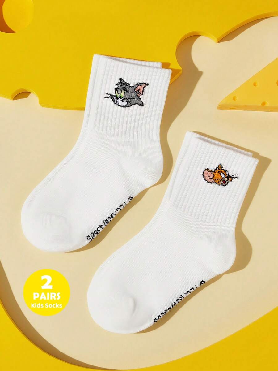 TOM & JERRY X SHEIN 2雙純棉可愛卡通貓鼠圖案兒童中筒襪,男女童通用,腳跟加強耐磨,四季皆可穿 - 白色 - 查看 1
