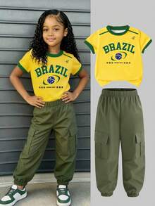Conjunto de camiseta de cuello redondo con letra Brasil verde de moda vintage, adecuado para uso diario, conjunto de 2 piezas para niñas, conjunto casual, ambiente casual, comodidad fácil, conjunto de niña con estilo, nuevo estilo, relajado relajado - Multicolor - Ver 4