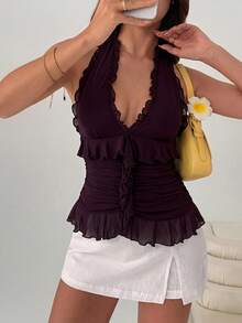 Firerie Romantic Date/Vacation Ruffle V-Neck Sleeveless Knit Tank Top, Solid Purple Color, Casual & Work Appropriate Y2K Style - Purple - View 5