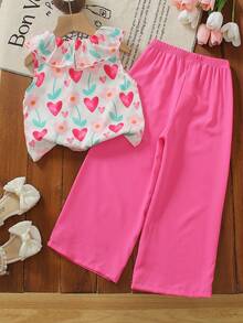 SHEIN Elladie kids 2件組少女夏季新款活力風愛心與花朵印花無袖荷葉領上衣搭配玫瑰粉休閒長褲套裝，適合日常出遊、公園、度假、海灘、派對、開學，春夏季適用 - 玫紅色 - 查看 4