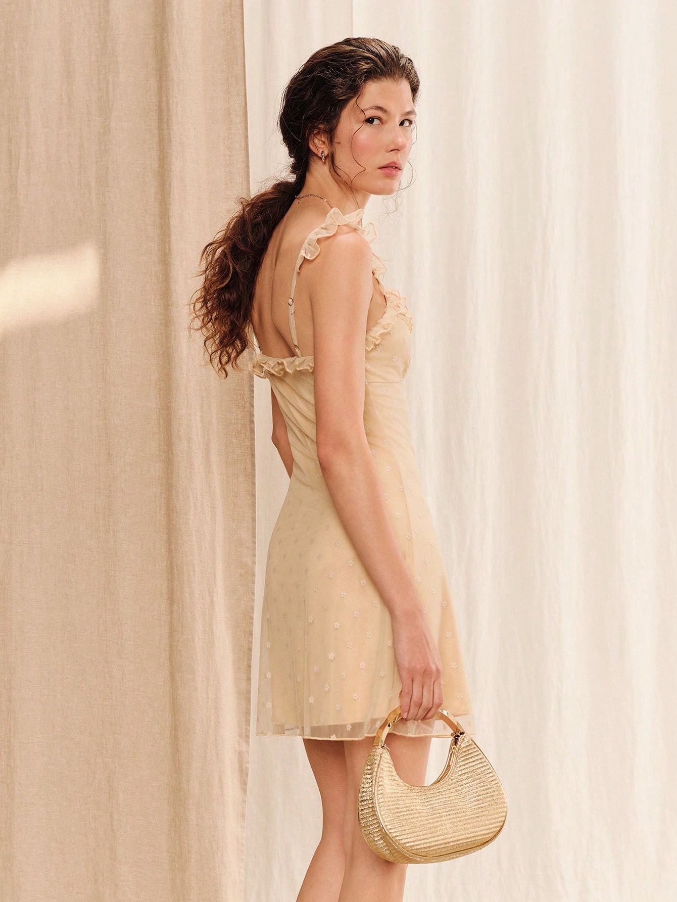 Beige Fitted Floral Embroidered Mesh Mini Dress With Ruffled Neckline Summer Holiday Casual Dress