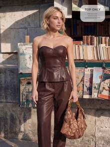 CAJUNI Chic Vacation PU Leather Brown Strapless Peplum Top,Summer Top - Brown - View 1