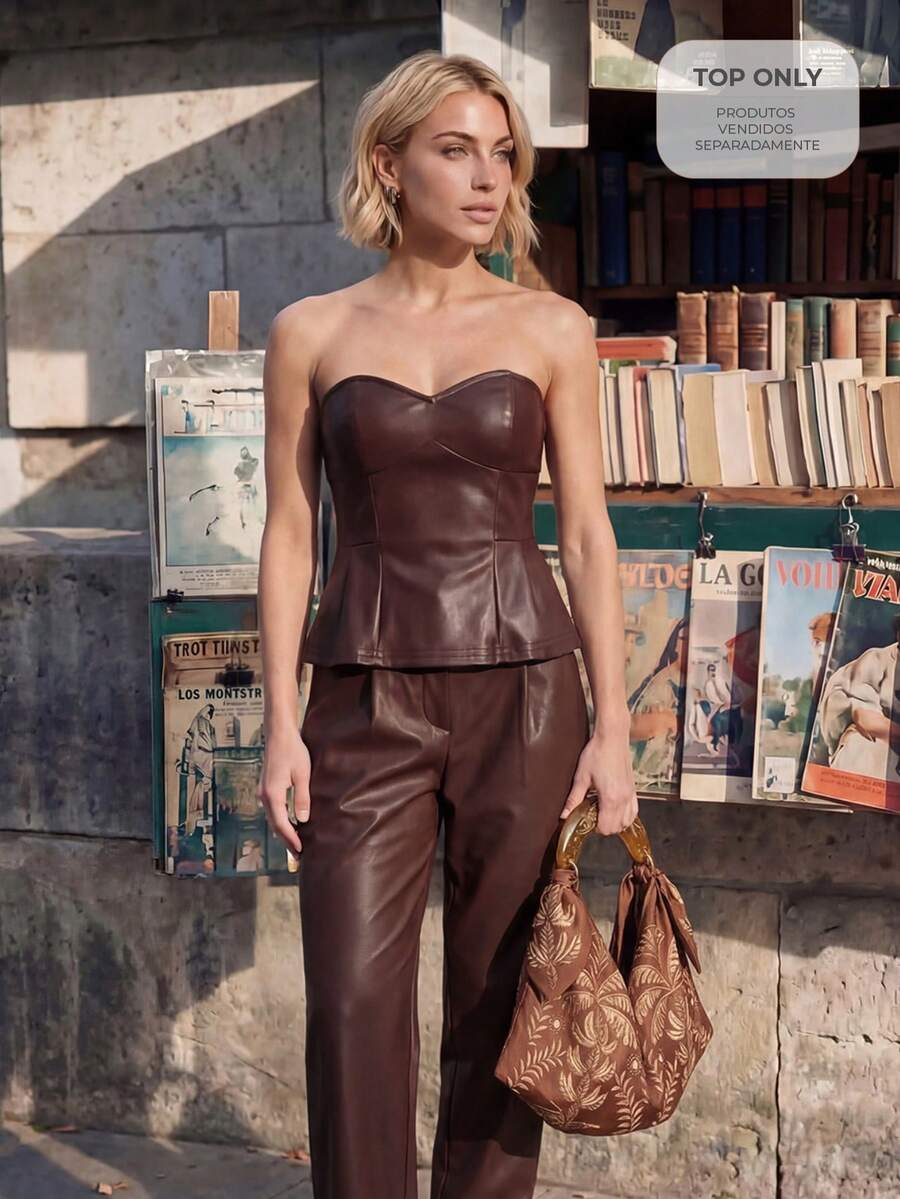 CAJUNI Chic Vacation PU Leather Brown Strapless Peplum Top,Summer Top - Brown - View 1