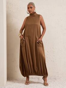 Vixey Mock Neck Sleeveless Gathered Hem Structured Woven Dress, Vacation Dress, Resort Wear, Beach To Dinner, Beach Cover Up - Brown - View 3