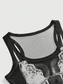 ACID BLVD Summer Vacation Y2K Lace Bralette Printed Sheer Mesh Racerback Crop Top - Black - View 9