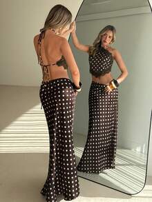 Aloruh Conjunto de camiseta de tirantes con cuello halter y estampado de lunares con encaje en contraste, y minifalda, conjunto informal de 2 piezas para vacaciones - Café integral - Ver 3