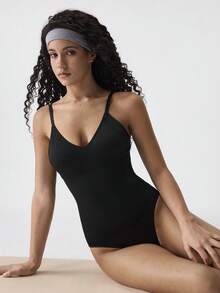 Loungeista 1 pieza Body moldeador sin costuras para mujer con cuello en V sexy, cintura baja y espalda descubierta, control de barriga adelgazante sólido para verano, levanta caderas lencería moldeadora - Negro - Ver 10