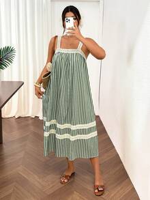 Lounesse Plus Size Vacation Casual Striped Lace Trim Cami Dress Casual Vacation Going Out Set For Women Casual Green Dress For Women - Multicolor - View 7