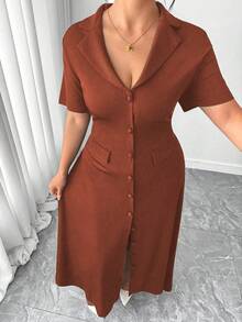 Elenzga Vestido Maxi Elegante para Mujer Talla Grande, unicolor, Cuello Solapa, Cintura Ceñida, Decoración de Botones, Falda Línea A, Lazo en la Espalda, Manga Corta, Estilo Conmutador - Óxido marrón - Ver 6