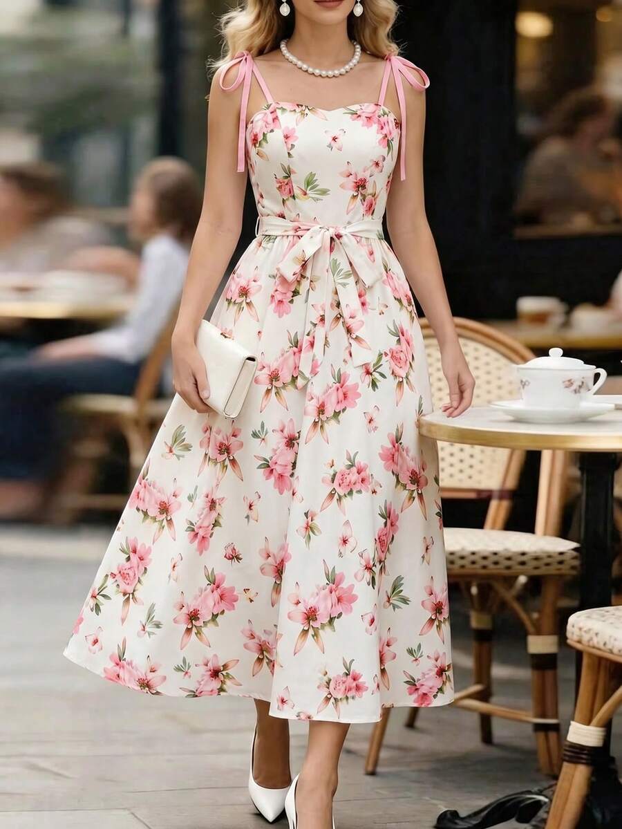 SHEIN 女士优雅浪漫度假吊带露背系带显瘦碎花休闲连衣裙,夏季 - 杏色 - 查看 1