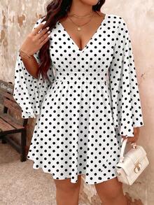 EMERY ROSE Plus Size Elegant Polka Dot Print V-Neck Flared Sleeve Dress Fall - Black and White - View 6