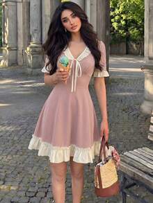 Mulvari Women's Spring/Summer Knit Black Short Sleeve Mixed Woven Ruffle Waist A-Line Elegant Romantic Dress Summer Dresses - Dusty Pink - View 7