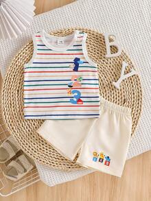 SHEIN Playful Pals 2件組新生兒男嬰休閒時尚簡約可愛恐龍印花無袖上衣與恐龍印花短褲套裝，適合夏季與外出 - 杏色 - 查看 4