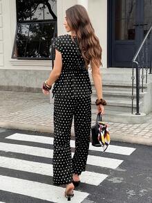 Serisse Setelan 2 Potong Atasan Lengan Pendek Motif Polkadot Leher V Wanita dan Celana - Hitam - View 2