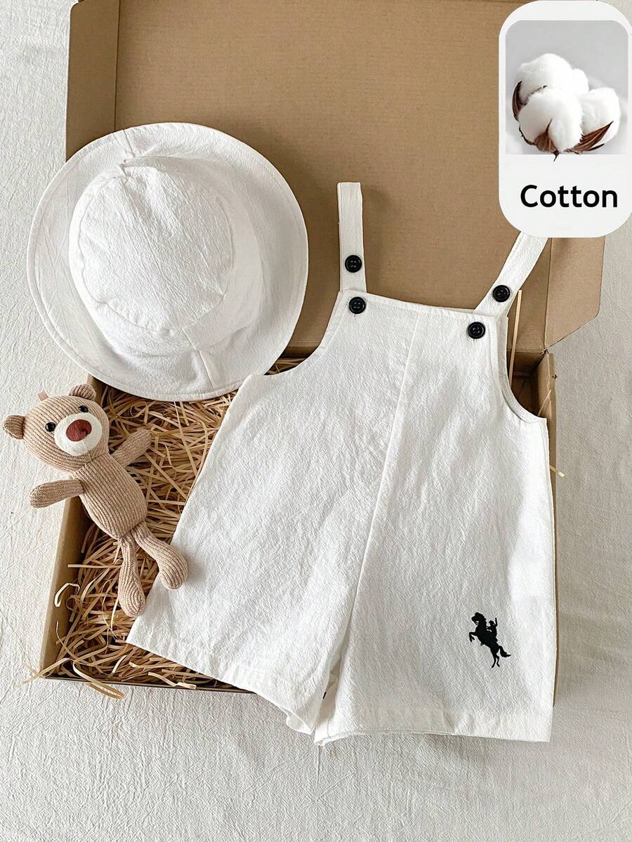 PrepCrw 2pcs Unisex Newborn Baby Boy/Girl Casual Versatile White Romper With Bib Overalls And Sun Hat Set, Suitable For Spring/Summer Daily Outings - White - View 1