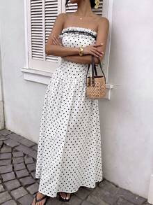 SHEIN PariChic Women's Woven White With Black Polka Dots Frill Trim Contrast Lace Elegant Tropical Vacation Summer Strapless Dress Vacation - Black and White - View 6