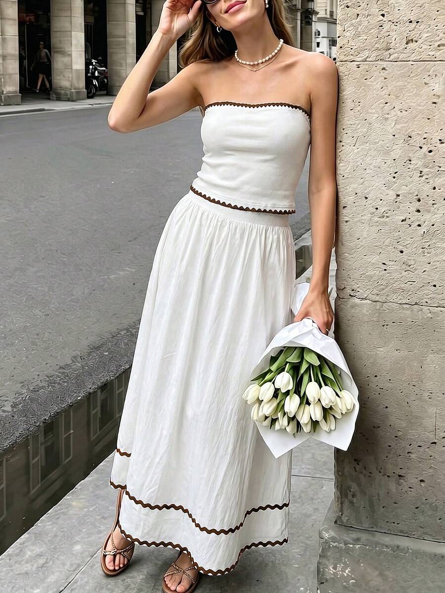 Cévolie 2pcs Women's Elegant Patchwork Contrast Color Bandeau Top And Skirt Set - Beige - View 1