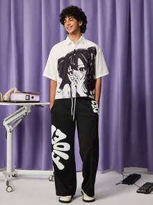 FROVYX Men's Loose Fit Cartoon Character Allover Print Short Sleeve Shirt, Suitable For Summer, Gifting Men's Cropped Tops Cropped Graphic Shirt - White - View 4