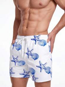 Manfinity KASUA Men's Summer Vacation Style Starfish & Shell Print Drawstring Waist Slant Pocket Loose Beach Shorts - Blue and White - View 4