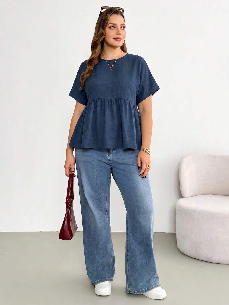SHEIN Essnce Áo sơ mi babydoll nữ size lớn tay ngắn màu đen, phong cách thời trang thường ngày thoải mái, dáng rộng, tôn dáng, cơ bản dễ phối đồ cho mùa xuân/hè, áo blouse nữ, áo top đen, phong cách đơn giản, thời trang hè châu Âu - Màu xanh hải quân - Xem 1