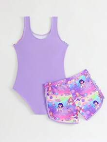 SHEIN Baju Renang Terusan dan Celana Pendek Motif Kartun Huruf untuk Anak Perempuan Remaja, Cocok untuk Liburan Pantai, Pesta Kolam Renang, dan Acara Pantai. - Purple - View 2