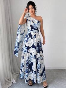 Elenzga Đầm nữ size lớn màu xanh navy họa tiết hoa thanh lịch cho kỳ nghỉ hè, thiết kế vai bất đối xứng kiểu choàng, xoắn, không tay, eo chiết, đầm dự tiệc cưới - Màu xanh hải quân - Xem 5