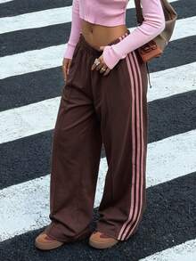 SHEIN 青少年女孩/青少年女孩棕色拼接條紋寬鬆休閒運動長褲 - 棕色 - 查看 2