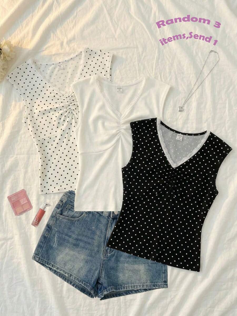 SHEIN 少女白色针织休闲简约3D亮片刺绣蝴蝶结不对称褶皱短款上衣,适合春夏穿着,休闲百搭,个性造型,日常穿着 - 黑與白 - 查看 1