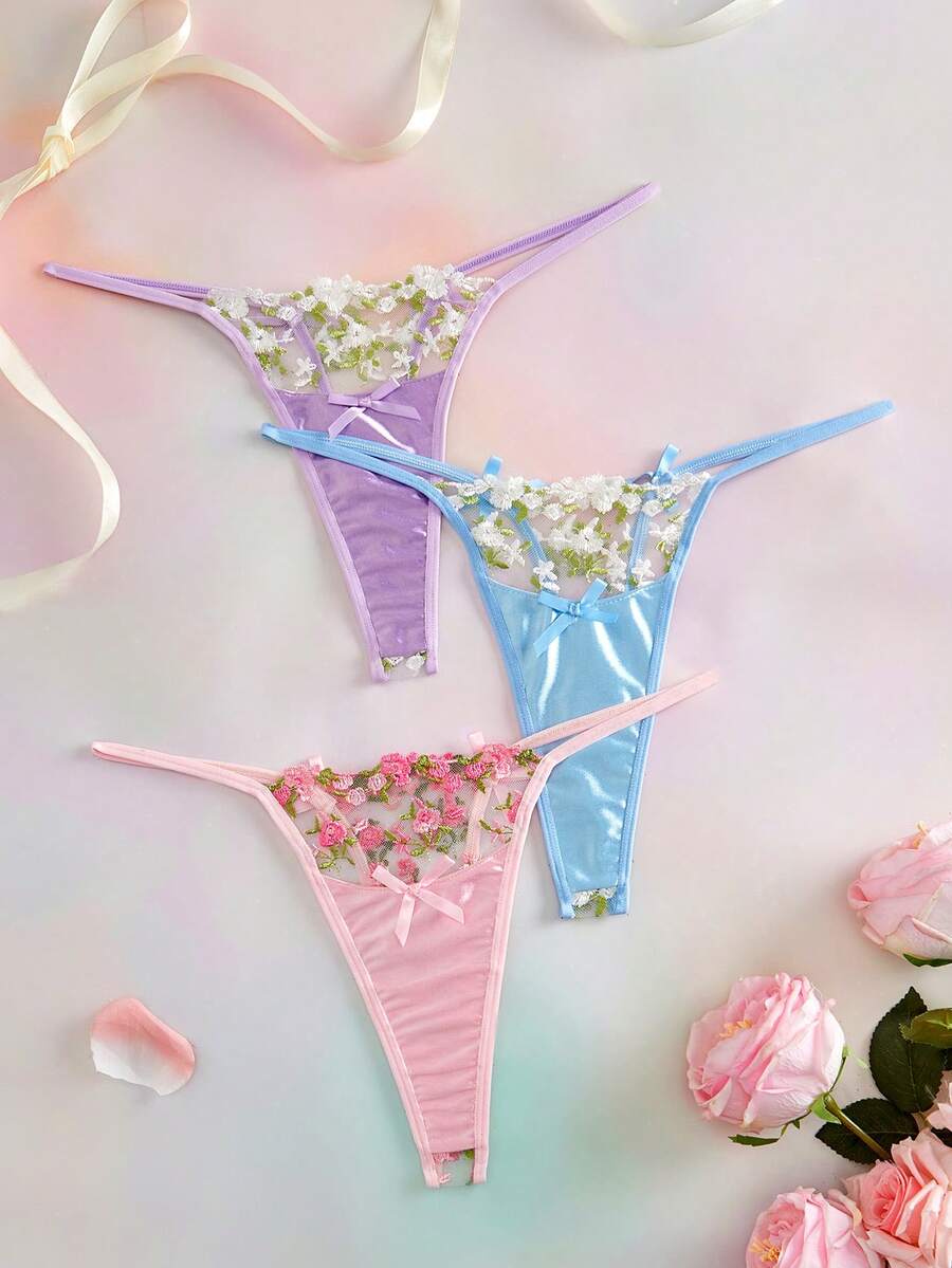 Elorette 女款花卉刺繡圖案性感日常丁字褲 - 彩色 - 查看 1