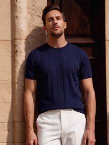 Officeau Men's Solid Color Short Sleeve Knit Vertical Striped Crew Neck Top - Navy Blue - View 11