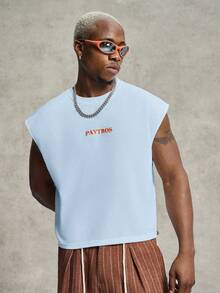 PAVTROS Men's Casual Letter & Coconut Tree Print Loose Fit Round Neck Tank Top, Summer, Holiday - Blue - View 2