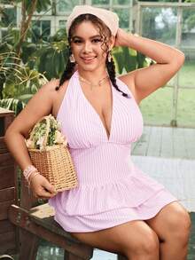 Swim Mod 2026 Neues Sommer Strandurlaub Saison Süßes Damen Rosa und Weiß Gestreiftes Rückenfrei Spaghettiträger Tiefer V-Ausschnitt Doppellagige Rüschen Badekleid, Niedliches Sommer Strand Pool Party Urlaub Einteiliges Große Größen Badekleid - Babypink - Übersicht 9