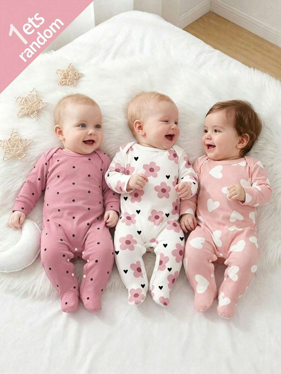 SHEIN Vintaside Kids 【随机3套,送1套】可爱爱心印花、艺术花卉印花、粉色波点印花,新生儿连体衣,舒适便捷,春夏柔软休闲睡衣套装,让宝宝看起来可爱活泼,柔软舒适的面料,给新生儿带来母爱般的拥抱感。 - 彩色 - 查看 1